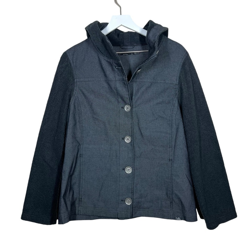 Prana Womens Toni Denim Fleece Hooded Button Jacket Size XL